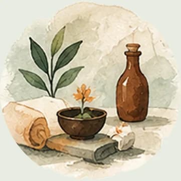Watercolour of singing bowl, herb bundle, oil bottle and rolled towel