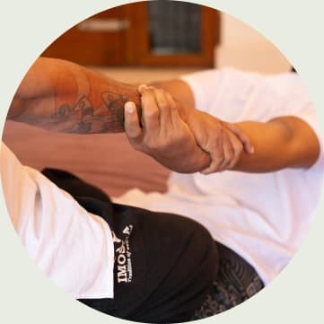 A practitioner gently working with a participant's arm