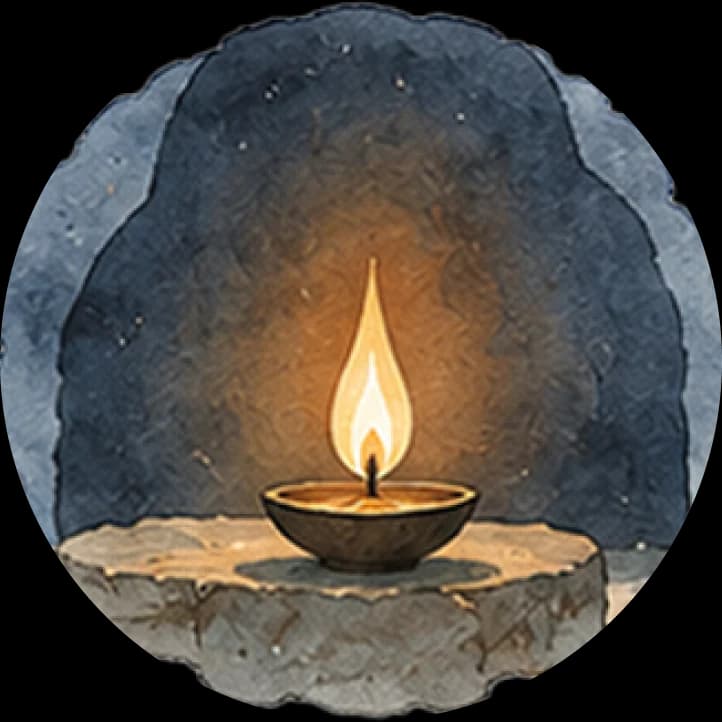 Watercolour of a lit oil lamp resting on stone within a dark cave