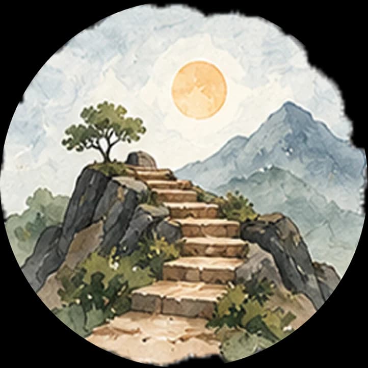 Watercolour of stone steps climbing to a tree on a sunlit peak